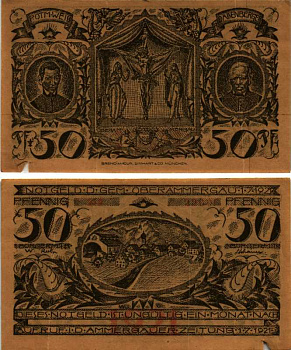 ОБЕРАММЕРГАУ 50 ПФЕННИГОВ 1921 С 1 ИЮЛЯ 1921 НА 1 МЕСЯЦ, НОГЕЛЬД, ЗЕМЛЯ БАВАРИЯ, КОММУНА, РАЙОН ГАРМИШ-ПАРТЕНКИРХЕН Keller 992.4 бумага 6318-26-3-2