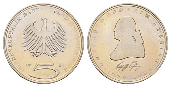ФРГ 5 марок 1981 J, 200 лет со дня смерти Готхольда Эфраима Лессинга KM 154, J.429 медно-никель плакированный никелем UNC 4680-222