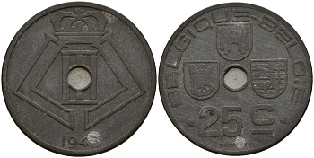 Бельгия 25 сантимов 1943 Belgique - Belgie KM 131 цинк 4187-941