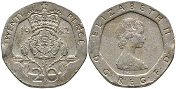 Великобритания 20 пенсов 1982 Елизавета II (1952-2022) KM 931, Spink 4230 (G1) медно-никель 65-956
