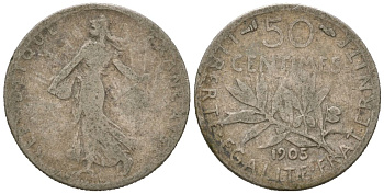 Франция 50 сантимов 1905 редкий год - 2381000	 экземпляра KM 854 серебро 4611-1131