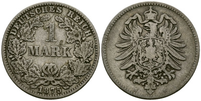 Германия 1 марка 1875 G KM 7 серебро 4172-413