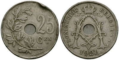 Бельгия 25 сантимов 1921 Belgie KM 69 медно-никель 4165-816