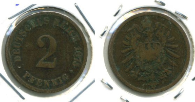 ГЕРМАНИЯ 2 ПФЕННИГА 1875 J, СТАРОГЕРБОВКА KM 2, J.2 медь 701-424