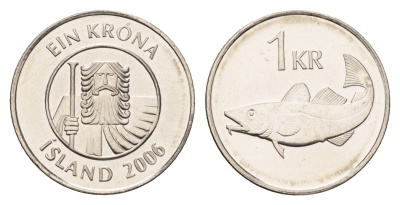 Исландия 1 крона 2006 треска KM 27a сталь плакированная никелем UNC 4691-611