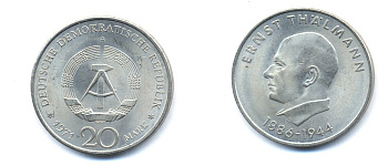 ГДР 20 марок 1971 A, 85 лет со дня рождения Эрнста Тельмана KM 34, J. 1535 медно-никель 3333-514