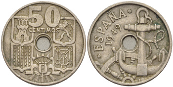 ИСПАНИЯ 50 СЕНТИМО 1949 (51) ФРАНСИСКО ФРАНКО ДИКТАТОР ИСПАНИИ ( 1939- 1975) , МОРСКАЯ АТРИБУТИКА KM 777 медно-никель 216-527