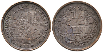 Нидерланды 1/2 цента 1930 Вильгельмина (1890-1948) KM 138 бронза 4576-436