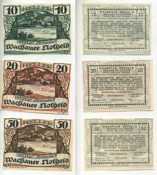 АВСТРИЯ, ВАЧАУ НАБОР ИЗ 3 БАНКНОТ 1920 30 СЕНТЯБРЯ 1920, НОТГЕЛЬД, 10, 20, 50 ГЕЛЛЕРОВ, MITTER ARNSDORF, ВТОРОЙ ВЫПУСК бумага aUNC 70-20-4