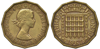 Великобритания 3 пенса 1961 Елизавета II (1952-2022) KM 900, Spink 4153 никель латунь 4122-935