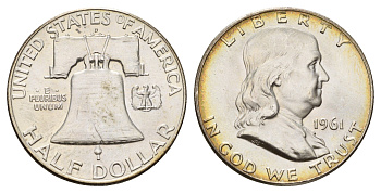 США 1/2 доллара (50 центов) 1961 D, Бенджамин Франклин, колокол KM 199 серебро aUNC 1528-1041