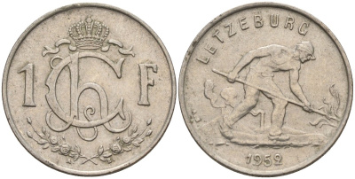 Люксембург 1 франк 1952 сталевар KM 46.2 медно-никель 4525-1216