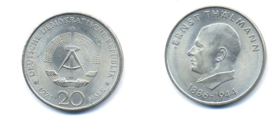 ГДР 20 марок 1971 A, 85 лет со дня рождения Эрнста Тельмана KM 34, J. 1535 медно-никель 3333-514