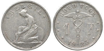 Бельгия 1 франк 1923 Belgie, Альберт I (1909-1934) KM 90 никель 51-1122