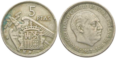 ИСПАНИЯ 5 ПЕСЕТ 1957 (64) ФРАНСИСКО ФРАНКО ДИКТАТОР ИСПАНИИ (1939-1975) KM 787 медно-никель 113-353