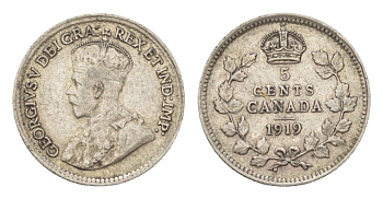 Канада 5 центов 1919 Георг V (1910-1936) KM 22 серебро 4623-852