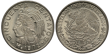 МЕКСИКА 50 СЕНТАВО 1972 КУАУТЕМОК, ПОСЛЕДНИЙ ТЛАТОАНИ ГОСУДАРСТВА АЦТЕКОВ KM 452 медно-никель XF 3334-635