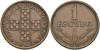 Португалия 1 эскудо 1969 первый год KM 597 бронза 4574-342