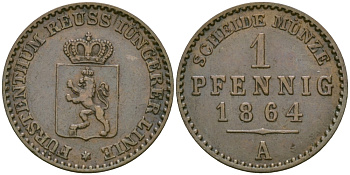РЕЙС-ШЛАЙЦ 1 ПФЕННИГ 1864 А KM 69 медь 99-924