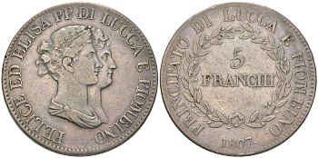 Лукка 5 франков 1807  KM 24 серебро    00-902-20