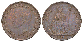 Великобритания 1 пенни 1947 Георг VI (1936-1952) KM 845, Spink 4114 бронза 4381-1212