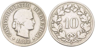 Швейцария 10 раппенов 1882 В KM 27 медно-никель 206-1125