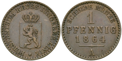 РЕЙС-ШЛАЙЦ 1 ПФЕННИГ 1864 А KM 69 медь 99-924