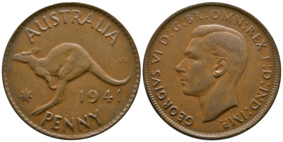 Австралия 1 пенни 1941 KG, Георг VI (1936-1952), кенгуру KM 36 бронза 4557-926