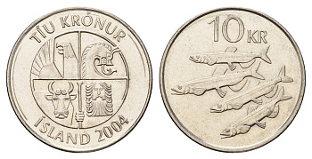 Исландия 10 крон 2004 рыбы KM 29.1a сталь плакированная никелем UNC 4691-246