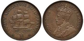 ЮАР 1 ПЕННИ 1933 ГЕОРГ V (1910-1936), ПАРУСНИК KM 14.3 бронза 4536-831