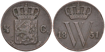 Нидерланды 1/2 цента 1851 Виллем III (1849-1890) KM 90 медь 4585-745