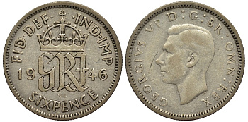 Великобритания 6 пенсов 1946 Георг VI (1936-1952) KM 852, Spink 4084 серебро 4538-626