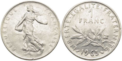 Франция 1 франк 1965 сеятель KM 925.1, Le Franc 226.9 никель 175-523