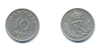 ДАНИЯ 10 ЭРЕ 1954 N; S, ФРЕДЕРИК IX (1947-1972) KM 841.1 медно-никель 51-4344