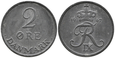 ДАНИЯ 2 ЭРЕ 1967 C; S, ФРЕДЕРИК IX (1947-1972) KM 840.2 цинк 24-1127