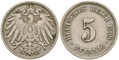 Германия 5 пфеннигов 1907 G, KM 11, J. 12 медно-никель 4364-4515