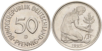 ФРГ 50 пфеннигов 1990 D KM 109, J. 384 медно-никель 4177-826