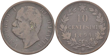 Италия 10 чентезимо 1894 B/I, Умберто I (1878-1900) KM 27.1 медь 4526-1022