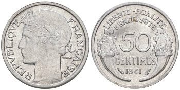 ФРАНЦИЯ 50 САНТИМОВ 1941 ТИП MORLON LOURDE KM 894.1a, LE FRANC 193.2 алюминий 44-326
