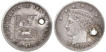 Венесуэла 1/2 реала 1858 стоимость на реверсе показана как 1 1/2 реала, но эта монета номиналом 1/2 реала Y 8 серебро 1529-541
