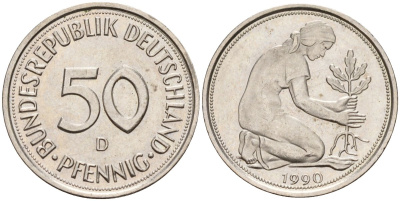 ФРГ 50 пфеннигов 1990 D KM 109, J. 384 медно-никель 4177-826