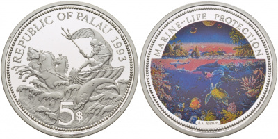 Палау 5 долларов 1993 морской мир, цветная эмаль KM 4 серебро PROOF 00-000-00