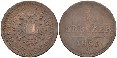 Австрия 1 крейцер 1851 B, Франц Иосиф I (1848-1916) KM 2185 медь 4586-452