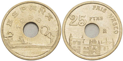 ИСПАНИЯ 25 ПЕСЕТ 1993 СТРАНА БАСКОВ (PAIS VASCO), ХУАН КАРЛОС I (1975-) KM 920 никель бронза 213-214