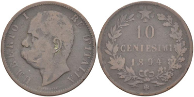 Италия 10 чентезимо 1894 B/I, Умберто I (1878-1900) KM 27.1 медь 4526-1022