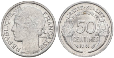 ФРАНЦИЯ 50 САНТИМОВ 1941 ТИП MORLON LOURDE KM 894.1a, LE FRANC 193.2 алюминий 44-326