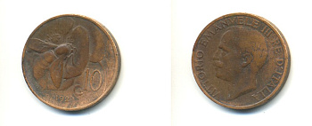 ИТАЛИЯ 10 ЧЕНТЕЗИМО 192Х R ВИКТОР ЭММАНУИЛ KM 60 медь 80-1147