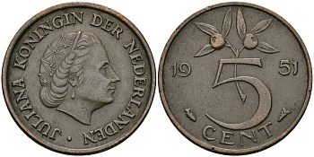 НИДЕРЛАНДЫ 5 ЦЕНТОВ 1951 ЮЛИАНА KM 181 бронза 95-243