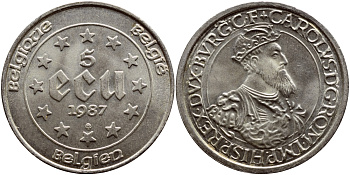 Бельгия 5 экю 1987 30 лет Римскому договору, Карл V Габсбург (1500-1558) KM 166 серебро UNC 633-632