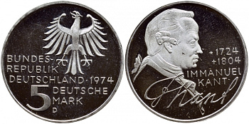 ФРГ 5 марок 1974 D, 250 лет со дня рождения Иммануила Канта KM 139 серебро PROOF 1520-1321